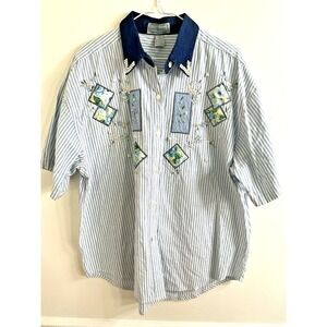 Jane Ashley Vintage Embroidered Pearl Embellished Floral Blouse‎ Women Size XL